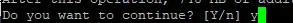 Terminal solicitando confirmar la instalación con Y