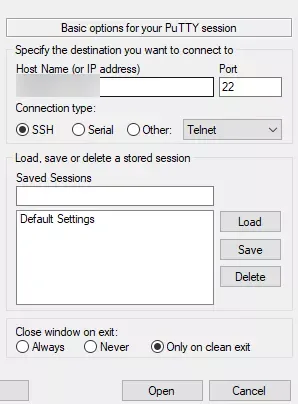 Campos de nombre de host, puerto 22 y tipo de conexión SSH en PuTTY