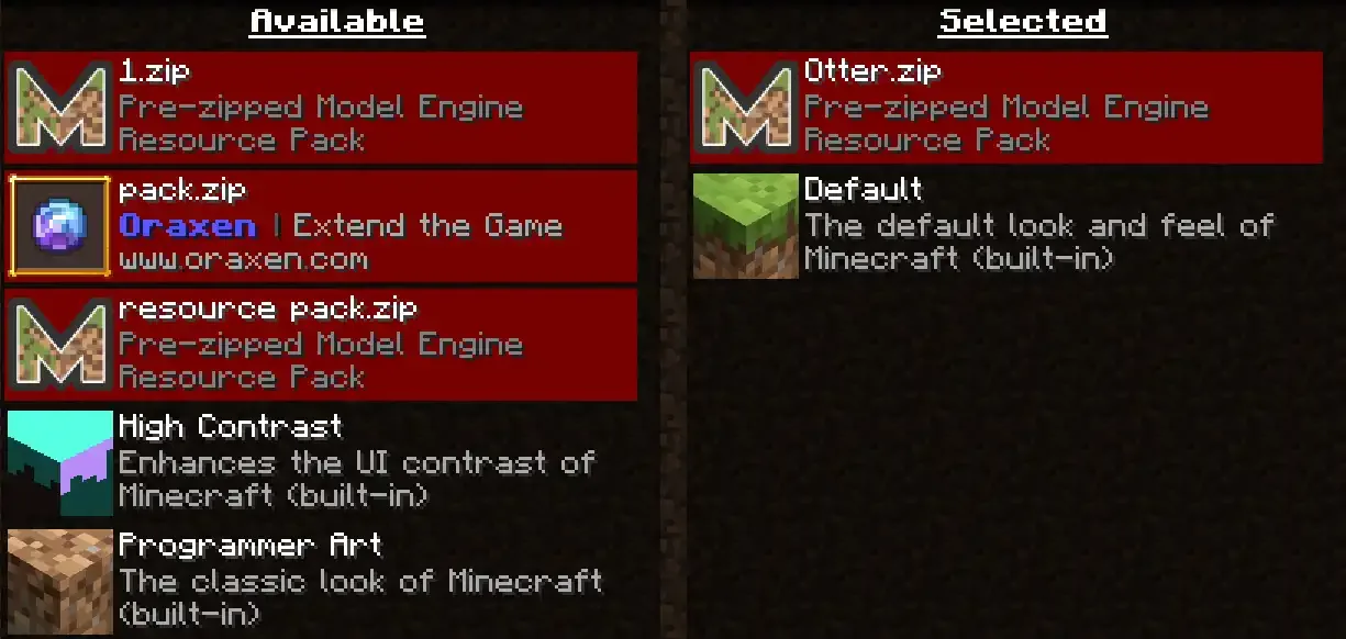 Menú de paquetes de recursos disponibles y seleccionados en Minecraft