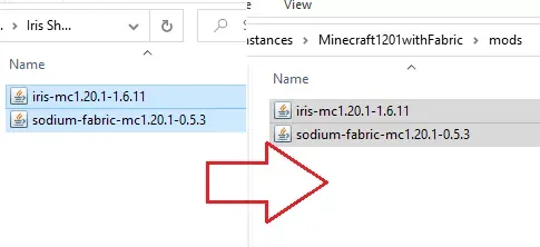 Archivos de Iris y Sodium copiados dentro de la carpeta mods