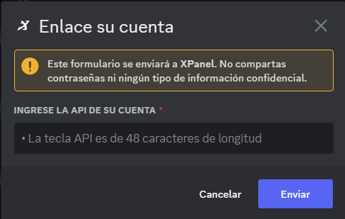 Formulario Enlace su cuenta del bot con el campo para la API de XPanel