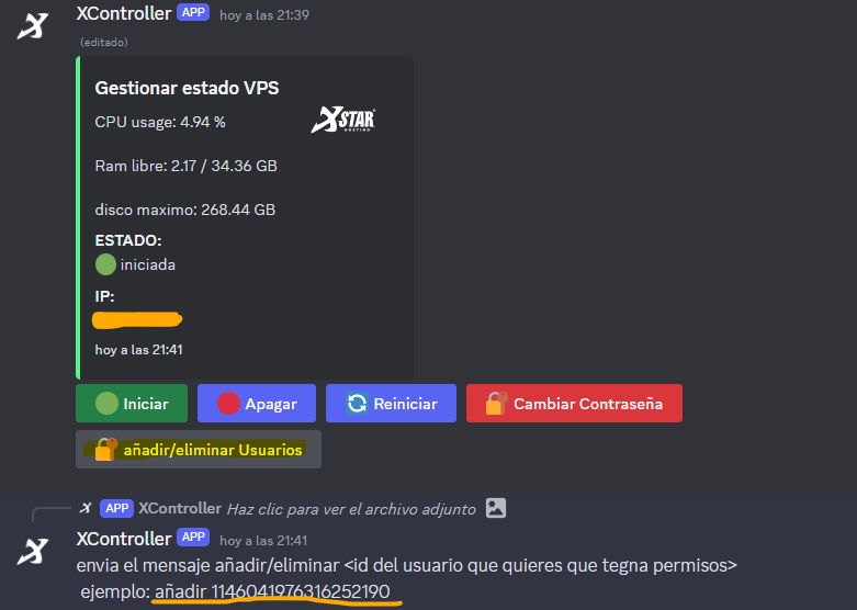 Panel de XController tras vincular, con los botones de control y el mensaje para gestionar usuarios