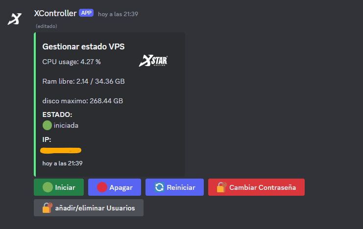 Mensaje directo de XController en Discord con el estado y los botones de control de la VPS