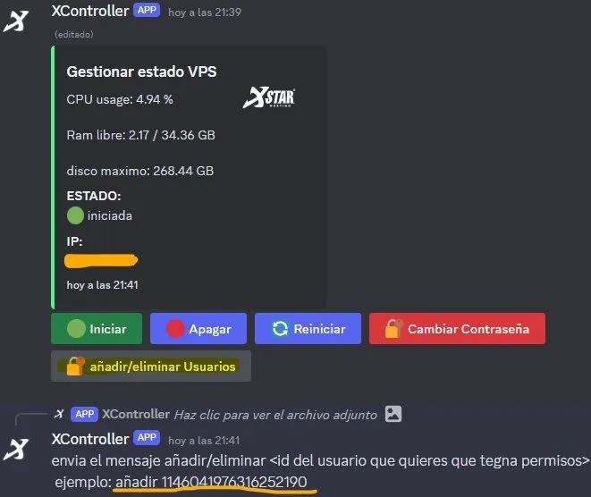 Panel del bot XController en Discord con el estado, IP y botones de control de la VPS
